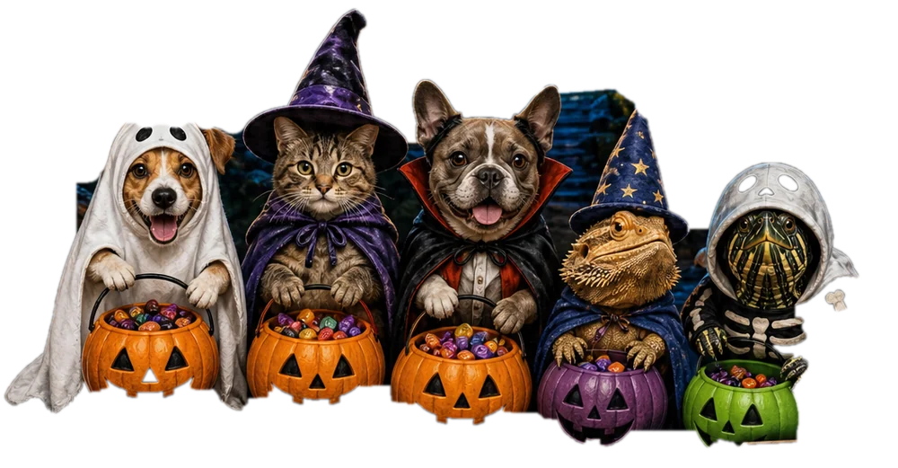 Animaux déguisés avec leurs citrouilles de bonbons : chien fantôme, chat sorcier, bouledogue vampire, dragon barbu magicien et tortue squelette