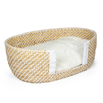 Boho panier en osier et coussin S - 58x34x21 cm beige/blanc