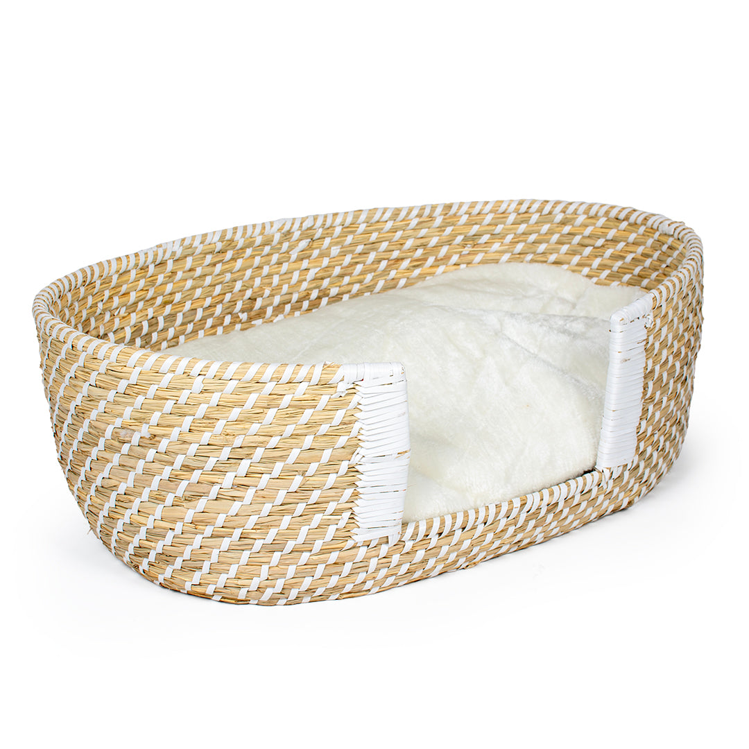 Boho panier en osier et coussin M - 68x44x24 cm beige/blanc