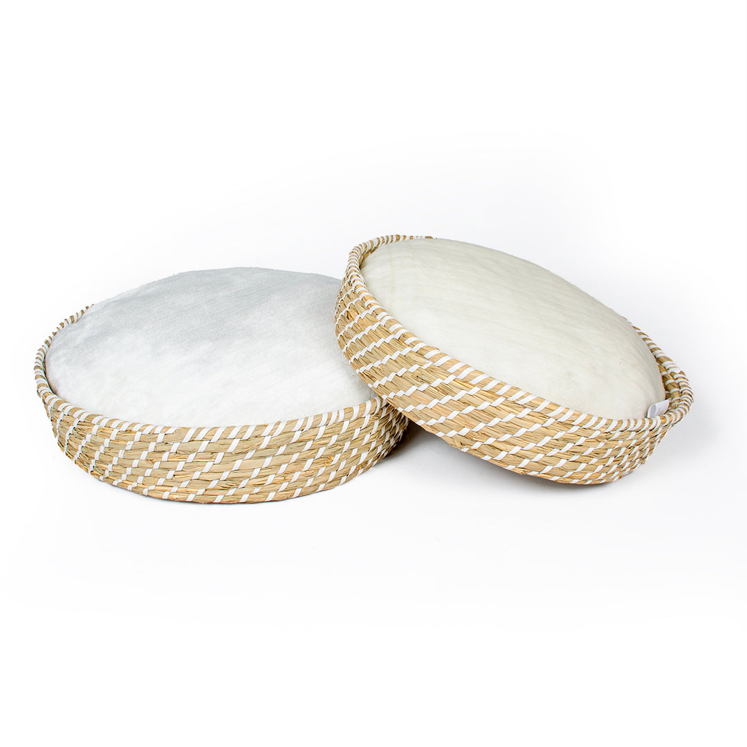 Boho panier rond en osier et coussin S - 40x40x10 cm beige/blanc 3