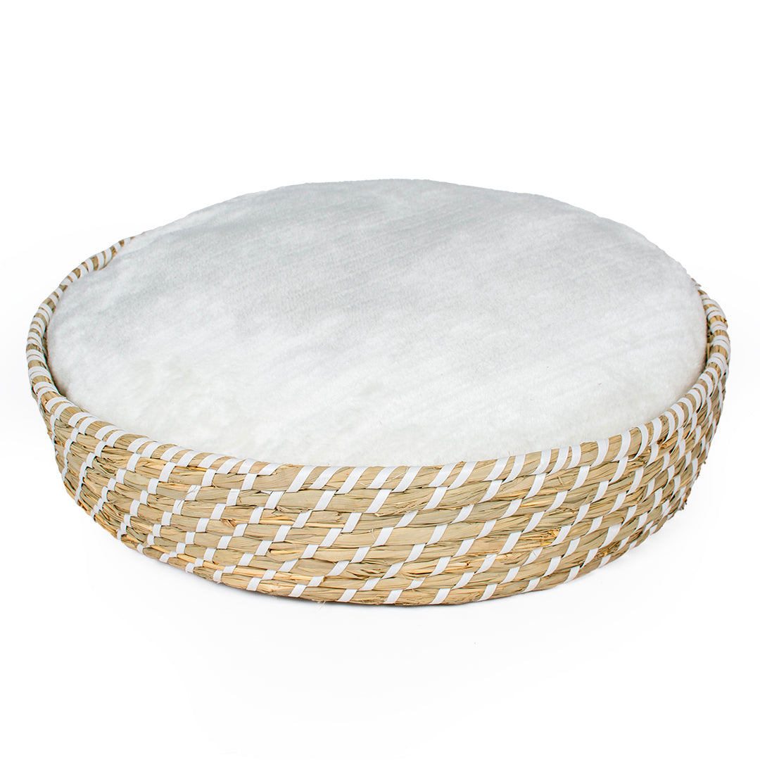 Boho panier rond en osier et coussin S - 40x40x10 cm beige/blanc