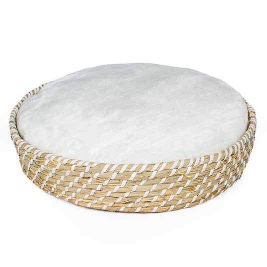 Boho panier rond en osier et coussin S - 40x40x10 cm beige/blanc